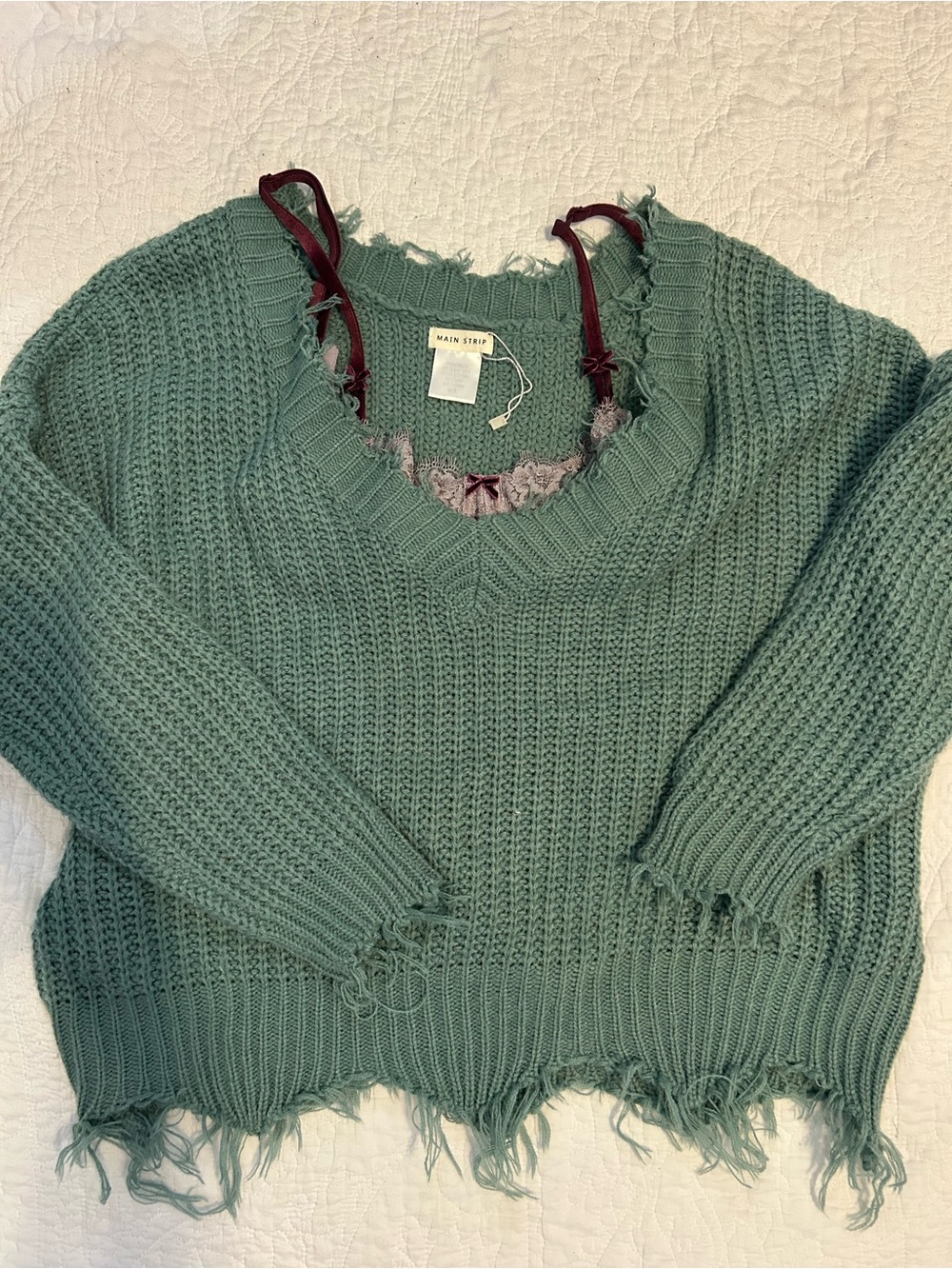 Off shoulder fringe scalloped edge sage green sweater